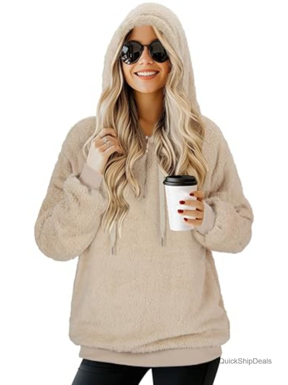 Women's Fuzzy Oversized Fleece Hoodie with Pockets, Zip Up (Beige)